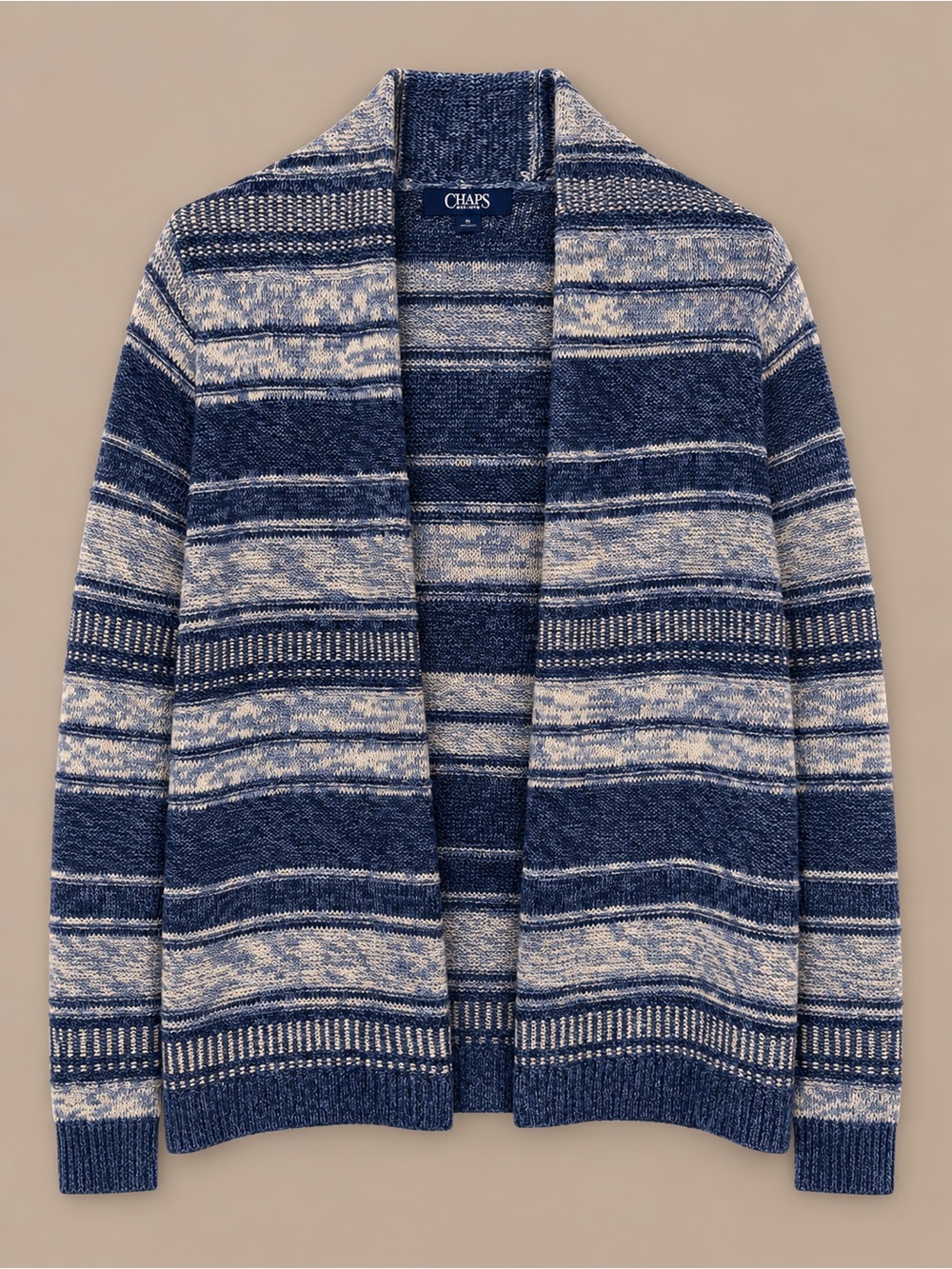 CHAPS Denim Cardigan Sweater Small Blue Cream Striped Shawl Collar Knit